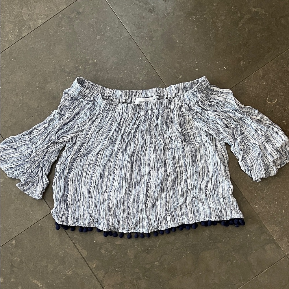 Striped Off-Shoulder Blouse with Pom-Pom Trim